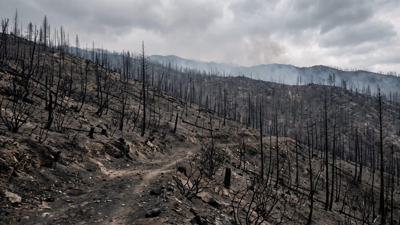 Burned hillside after a wildfire: blackened bare soil, ash-grey ground and charred tree trunks.