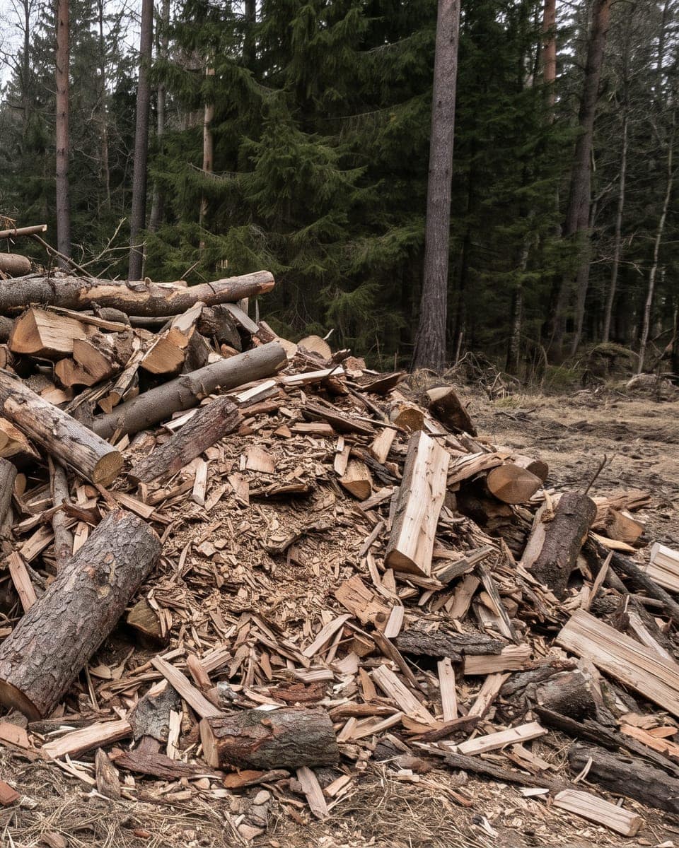 Dry chaparral hillside with piles of cut woody material left from fuel-reduction work.