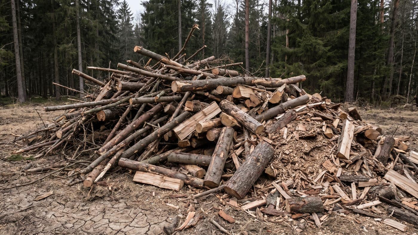Pile of cut branches, split logs and coarse wood chips left after forest fuel-reduction work.